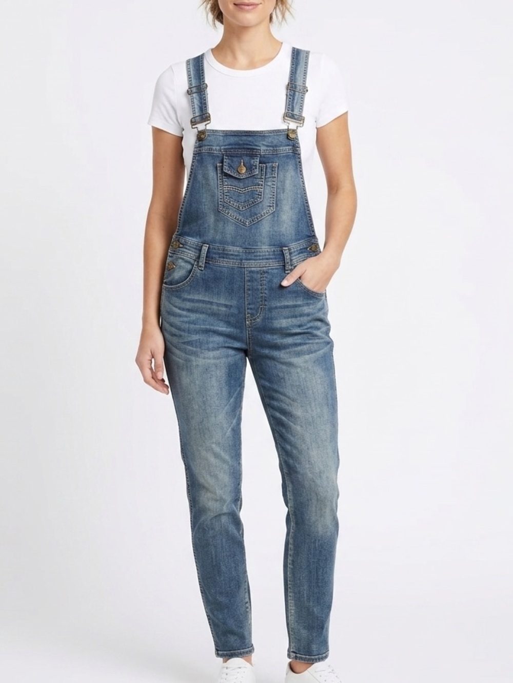 ANNA KACI New Distressed Faded Denim Jean Overalls Size Medium